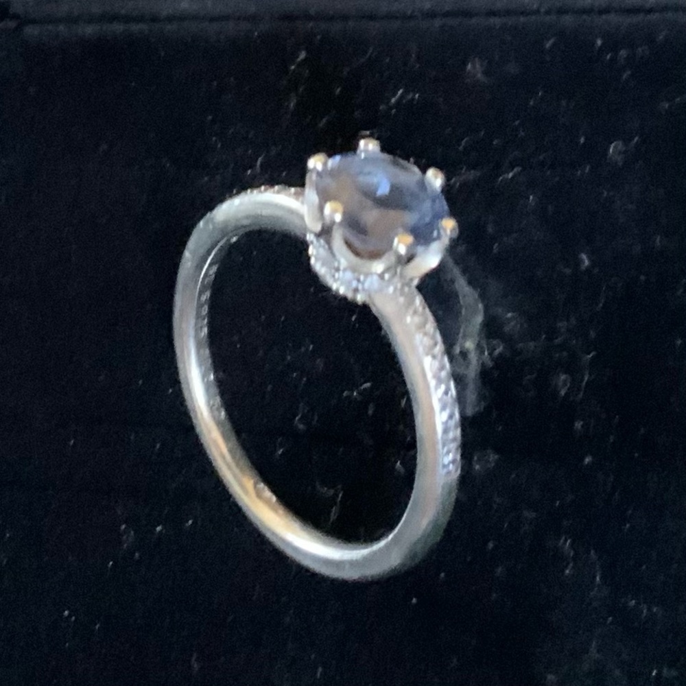 Sterling Silver Pandora Ring,  Crown setting with Blue stone.